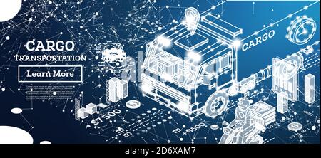 Trasporto di camion al neon Cargo. Trasporto commerciale isometrico. Illustrazione vettoriale. Elemento infografico del sistema logistico. Auto per il trasporto Illustrazione Vettoriale