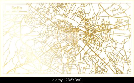 Mappa della città di Sofia Bulgaria in stile retro in colore dorato. Mappa di contorno. Illustrazione vettoriale. Illustrazione Vettoriale