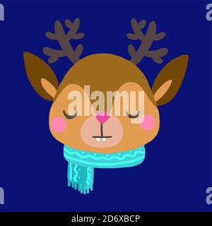 Volto di un cervo natalizio con corna con sciarpa. Illustrazione Vettoriale