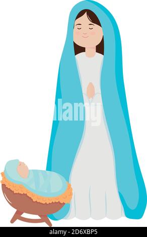 Concetto di presepe, Vergine Maria e Gesù bambino icona su sfondo bianco, stile piatto, illustrazione vettoriale Illustrazione Vettoriale