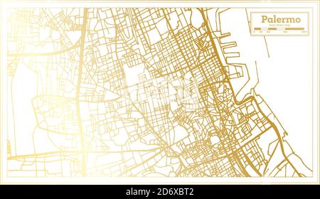 Palermo Sicilia Mappa della città in stile retro in colore dorato. Mappa di contorno. Illustrazione vettoriale. Illustrazione Vettoriale