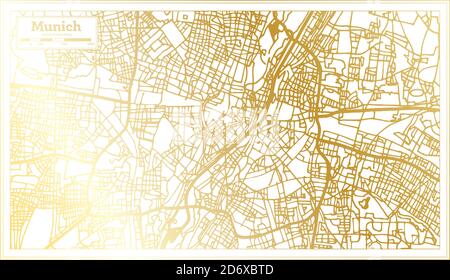 Monaco Germania Mappa della città in stile retro in colore dorato. Mappa di contorno. Illustrazione vettoriale. Illustrazione Vettoriale