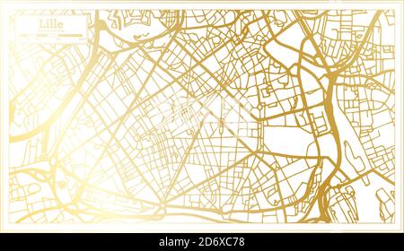 Lille France Mappa della città in stile retro in colore dorato. Mappa di contorno. Illustrazione vettoriale. Illustrazione Vettoriale