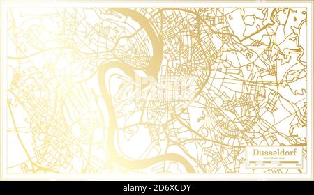 Mappa della città di Dusseldorf in stile retro in colore dorato. Mappa di contorno. Illustrazione vettoriale. Illustrazione Vettoriale