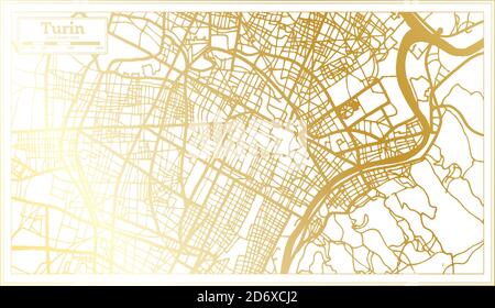 Mappa della città di Torino in stile retrò in colore dorato. Mappa di contorno. Illustrazione vettoriale. Illustrazione Vettoriale