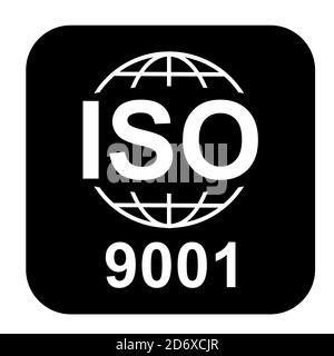 Icona ISO 9001. Simbolo di qualità standard. Pulsante vettore isolato su sfondo nero . Illustrazione Vettoriale