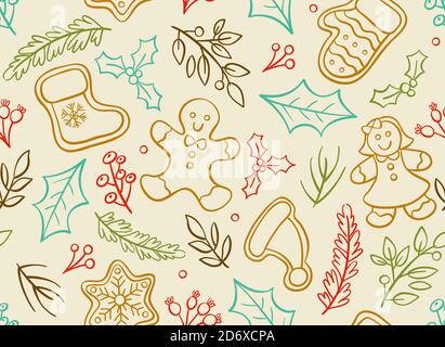 Motivo natalizio senza cuciture con elementi decorativi disegnati a mano isolati su sfondo chiaro. Illustrazione vettoriale EPS 10. Illustrazione Vettoriale