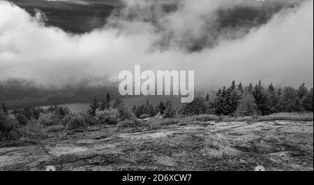 Heavy Fog nascondono la vista del lago Eagle da Cadillac Mountain, Acadia National Park, Maine Foto Stock
