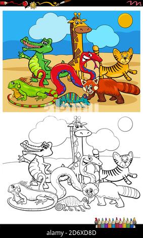 Cartoon Illustrazione di Wild Animal Characters Group Coloring Book Page Illustrazione Vettoriale