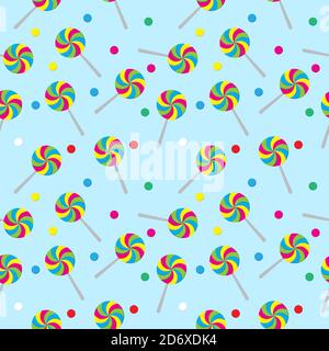 Motivo senza cuciture con lollipop a vortice e elemento a forma di palla caramella su sfondo di colore azzurro. Illustrazione vettoriale colorata per Halloween, Christma Illustrazione Vettoriale