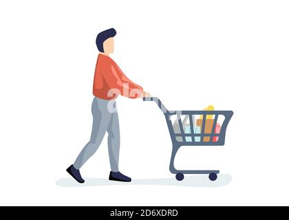 Giovane acquirente uomo che porta supermercato carrello pieno di generi alimentari. Buyer maschio che spinge il cestino del negozio di generi alimentari. Cliente con prodotti vettoriali eps illustrazione isolata Illustrazione Vettoriale