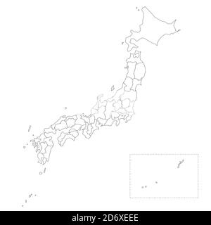 Mappa politica vuota del Giappone. Divisioni amministrative - prefetture. Semplice mappa vettoriale con contorno nero. Illustrazione Vettoriale