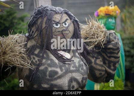 Langley, Canada. 19 Ott 2020. Uno spaventapasseri viene visualizzato durante l'annuale Scarecrow Festival, in vista di Halloween a Langley, British Columbia, Canada, il 19 ottobre 2020. Credit: Liang Sen/Xinhua/Alamy Live News Foto Stock