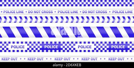 Nastro di polizia, linea di pericolo del crimine. Le linee di polizia barricate isolate. Nastri di avvertenza e di barricata. Set di nastri di avvertenza blu. Illustrazione vettoriale Illustrazione Vettoriale
