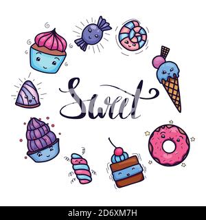 Carta con dolci kawai carini e confezione con scritta Sweet disegnata a mano. Elemento vettoriale per il tuo biglietto, adesivi, badge, invito, stampa t-shirt Illustrazione Vettoriale