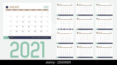 Vettore del nuovo anno 2021 calendario in moderno tavolo pulito Stile semplice con colore verde oro blu, pianificatore eventi vacanze, inizio settimana Sunday.desk calendario Illustrazione Vettoriale