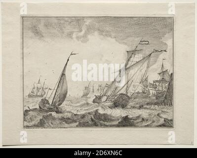 Navi in un Gale 1701 Ludolf Backhuysen (olandese, 1631-1708), incisione Foto Stock