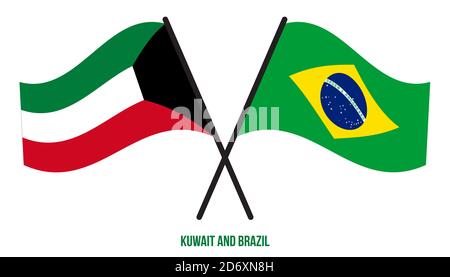 Kuwait e Brazil Flags Crossed e ondeggiante Flat Style. Proporzione ufficiale. Colori corretti. Illustrazione Vettoriale