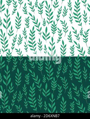 Set di ripetizioni piatte senza giunture con rami, foglie su sfondo bianco e scuro. Sfondo floreale semplice e naturale. Tappezzeria naturale. Vettore t Illustrazione Vettoriale