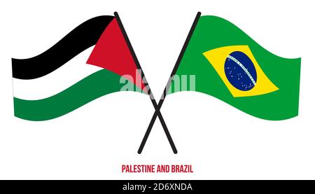 Palestina e Brasile Bandiere incrociate e ondeggianti stile piatto. Proporzione ufficiale. Colori corretti. Illustrazione Vettoriale