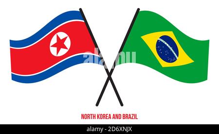 Corea del Nord e Brasile Bandiere incrociate e ondulate stile piatto. Proporzione ufficiale. Colori corretti. Illustrazione Vettoriale
