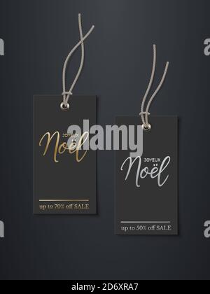 Prezzo nero francese Natale sconto tag modelli mockup. Carte rettangolari con corde per abiti con testo Joyeux Noel in oro su nero Illustrazione Vettoriale