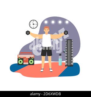 Palestra fitness. Giovane uomo che fa esercizi di peso a mano con manubri, illustrazione vettoriale piatta. Sport e stile di vita sano Illustrazione Vettoriale