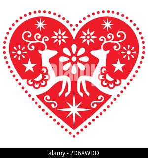 Cuore d'arte popolare di Natale con disegno di biglietto d'auguri vettoriale dei cervi, motivo allegro in stile retrò scandinavo con fiori e stelle Illustrazione Vettoriale