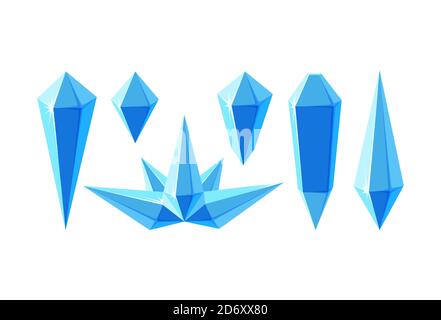 Cristalli di ghiaccio in forma di prismi e corona. Set di minerali o pezzi di ghiaccio surgelati per la progettazione di giochi. Illustrazione vettoriale in stile cartoon Illustrazione Vettoriale