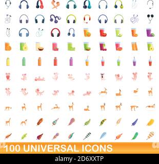 100 universal set di icone. Cartoon illustrazione di 100 icone universali set di vettore isolato su sfondo bianco Illustrazione Vettoriale