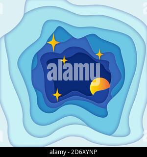 Carta arte luna, nuvole e stelle a mezzanotte. Stile moderno della carta originale 3d. Illustrazione, cielo notturno scuro. Spazio di copia al centro. Foto Stock