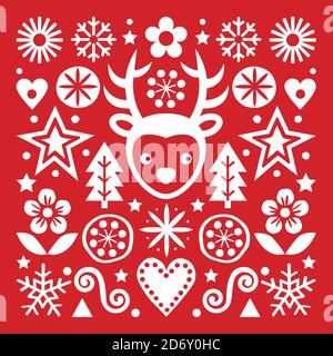 Natale scandinavo arte popolare vettore bianco su biglietto d'auguri rosso design, carino modello festivo con renne, fiocchi di neve, cuori, stelle, Natale tre Illustrazione Vettoriale