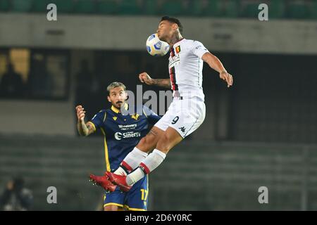 Ianluca Scamacca (Genova) e Federico Ceccherini (Verona) durante Hellas Verona contro Genova, Serie a di calcio italiana, Verona, Italia, 19 Ott 2020 Cred Foto Stock