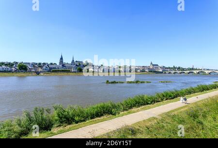 Francia, Loir et Cher, Valle della Loira Patrimonio Mondiale dell'UNESCO, Blois, città e la pista ciclabile Loire a velo EuroVelo 6 sulla riva sinistra del t Foto Stock