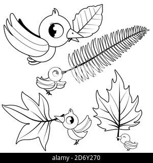 Carino uccelli che tengono asciutto foglie di autunno. Pagina da colorare in bianco e nero Foto Stock