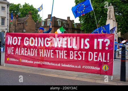 Poster della campagna anti-Brexit utilizzato dai manifestanti al di fuori della Camera del Parlamento, Londra, per protestare contro l’uscita del Regno Unito dall’Unione europea. Foto Stock