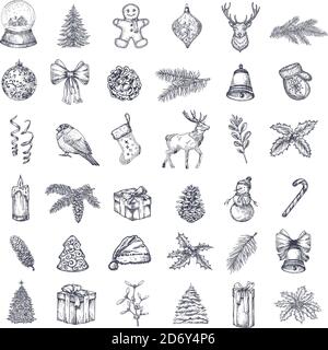 Pacchetto icone di Natale disegnate a mano. Una collezione di schizzi di Capodanno per le vacanze invernali. Set di disegni Xmas Doodle stile incisione. Illustrazione Vettoriale