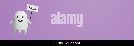 Divertente amichevole fantasma volare su sfondo bianco isolato, rendering 3d di Halloween carino personaggio. Foto Stock