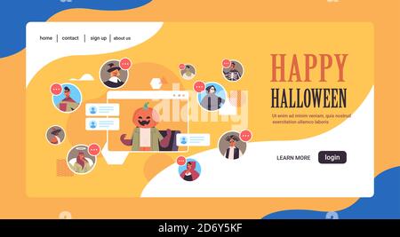 persone in diversi costumi discutere durante la videochiamata happy halloween festa celebrazione self isolamento comunicazione online concetto di spazio copia orizzontale illustrazione vettoriale Illustrazione Vettoriale