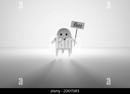 Divertente amichevole fantasma volare su sfondo bianco isolato, rendering 3d di Halloween carino personaggio. Foto Stock