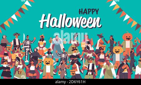 mix gara persone che celebrano felice halloween party concetto cute uomini donne in costumi diversi in piedi insieme scritta cartolina ritratto illustrazione vettoriale orizzontale Illustrazione Vettoriale