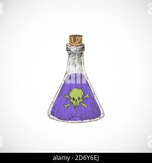 Bottiglia colorata di veleno o fiasca di patate di Halloween disegnata a mano con sculle e ossa. Disegno vettoriale astratto. Stile Doodle per le vacanze Illustrazione Vettoriale