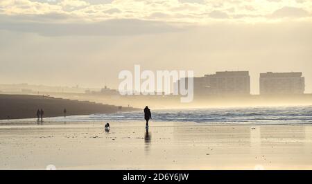 Brighton UK 20 ottobre 2020 - camminatori sulla spiaggia di Brighton godersi la mattina ventilata ma luminosa a bassa marea . Condizioni di vento e bagnato sono previste per i prossimi giorni in tutta la Gran Bretagna come Storm Barbara si avvicina dall'Europa: Credit Simon Dack / Alamy Live News Foto Stock