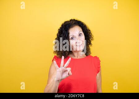 Donna di mezza età che indossa una camicia casual che si erge su giallo isolato sfondo che mostra e punta verso l'alto con le dita numero tre mentre sorridente confida Foto Stock