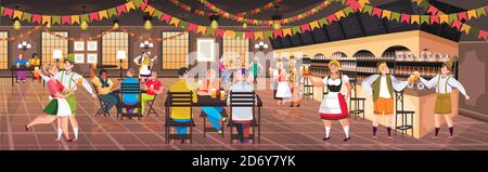 Persone che bevono birra nel pub Oktoberfest festa celebrazione concetto mix uomini di razza donne che hanno divertente orizzontale intera lunghezza illustrazione vettoriale Illustrazione Vettoriale
