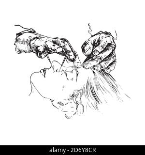 Medico inserire aghi agopuntura in bella faccia donna, mano tirato doodle, schizzo in stile pop art, nero e bianco illustrazione medica Foto Stock