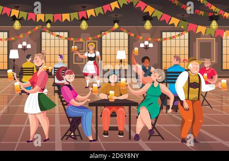 Persone che bevono birra nel pub Oktoberfest festa celebrazione concetto mix uomini di razza donne che hanno divertente orizzontale intera lunghezza illustrazione vettoriale Illustrazione Vettoriale