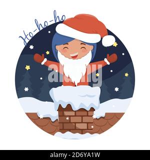 Cute ragazza che indossa barba bianca si trova in fumetto fumetto illustrazione di Natale con ho-ho-ho-ho scritta. Illustrazione Vettoriale