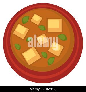 Zuppa di pomodoro con foglie di basilico e fette di formaggio Illustrazione Vettoriale