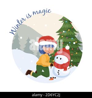 Carino ragazza che fa fumetto di Snowman illustrazione di Natale con inverno di ispirazione è scritta di citazione magica. Illustrazione Vettoriale